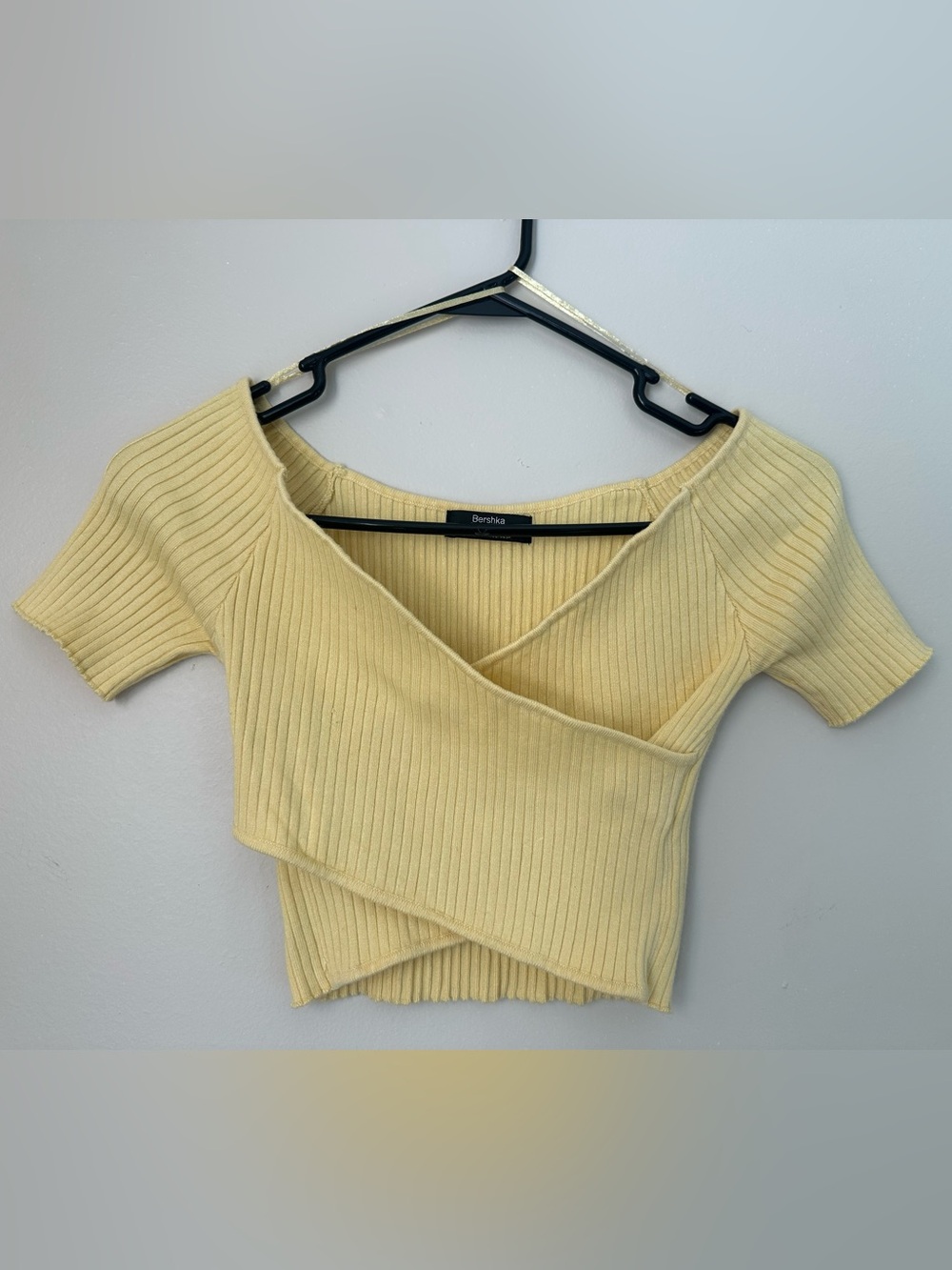 Bershka | Pale Yellow | Ribbed Wrap Crop Top